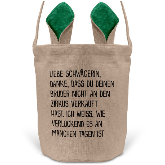 22Feels® Schwägerin Osterkorb -Dein Bruder- mit Henkel Ostergeschenk Tragetasche Ostern Deko Osternest Körbchen Hasenohren (Beige/Grün)-Ostern Tragetasche-22Feels
