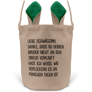 22Feels® Schwägerin Osterkorb -Dein Bruder- mit Henkel Ostergeschenk Tragetasche Ostern Deko Osternest Körbchen Hasenohren (Beige/Grün)-Ostern Tragetasche-22Feels