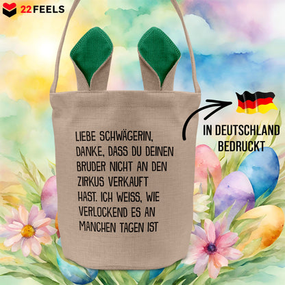 22Feels® Schwägerin Osterkorb -Dein Bruder- mit Henkel Ostergeschenk Tragetasche Ostern Deko Osternest Körbchen Hasenohren (Beige/Grün)-Ostern Tragetasche-22Feels