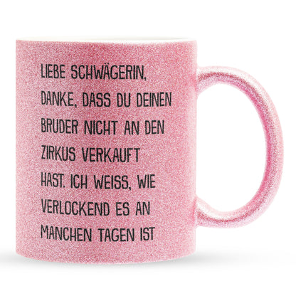 22Feels® Schwägerin Geschenk - Glitzertasse mit Spruch (Pink, 320ml)-Glitzertasse Pink 320ml-22Feels
