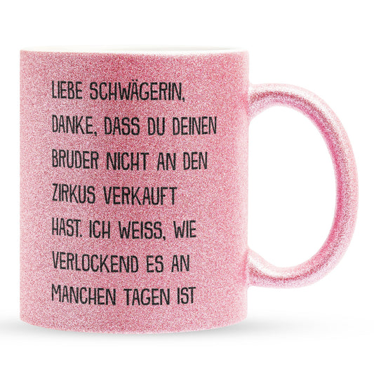22Feels® Schwägerin Geschenk - Glitzertasse mit Spruch (Pink, 320ml)-Glitzertasse Pink 320ml-22Feels