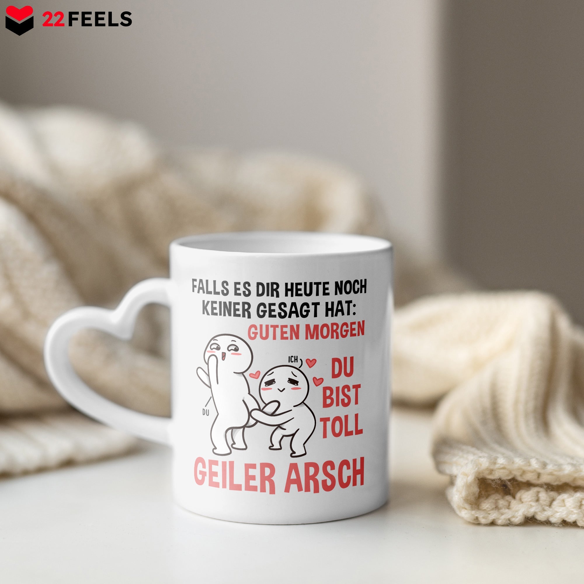 22Feels® Paar Geschenk zum Jahrestag, Hochzeitstag, Valentinstag etc. - Tasse mit Spruch: Guten Morgen (Herzhenkel, Weiss, 320ml)-Tasse Weiss Herzhenkel 320ml-22Feels