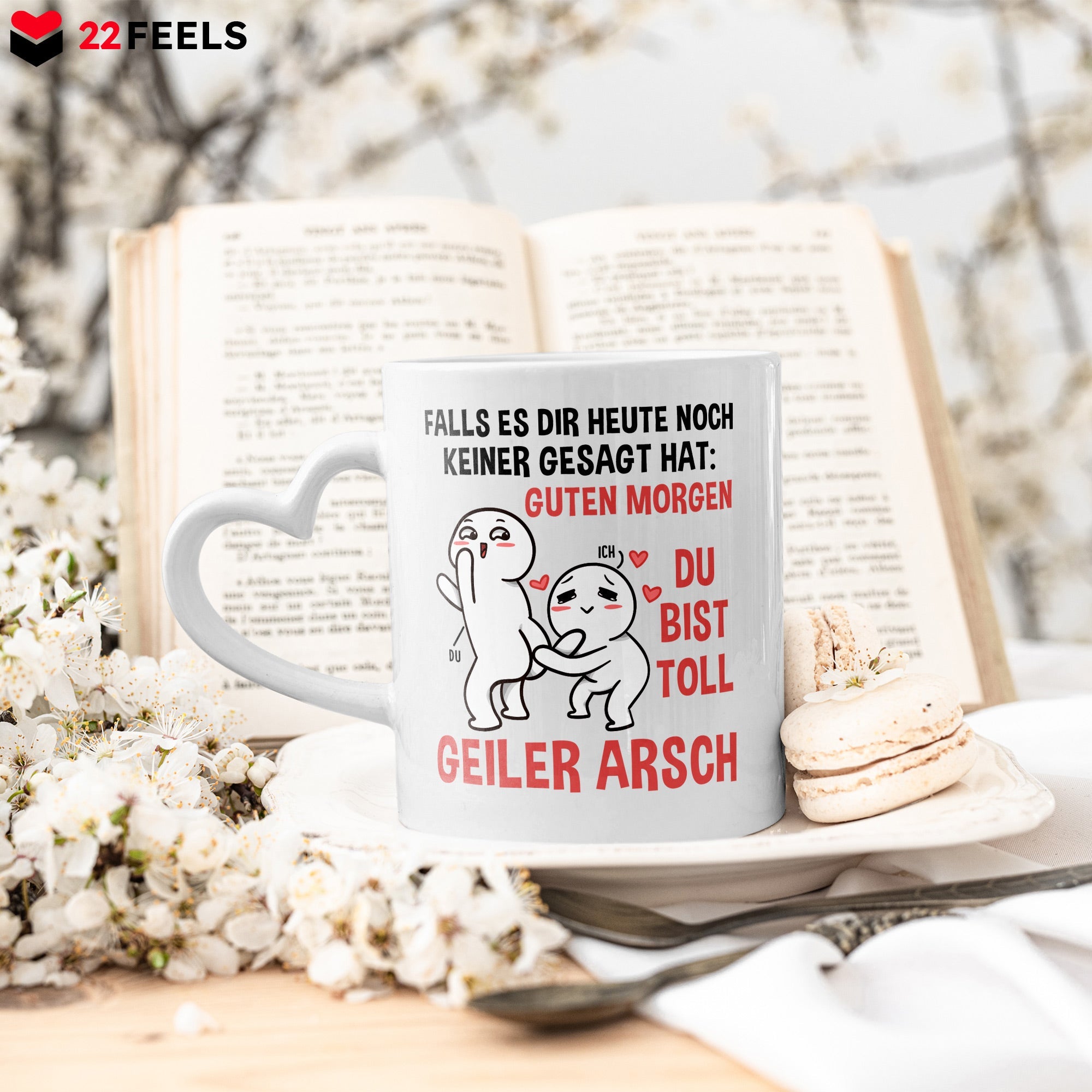 22Feels® Paar Geschenk zum Jahrestag, Hochzeitstag, Valentinstag etc. - Tasse mit Spruch: Guten Morgen (Herzhenkel, Weiss, 320ml)-Tasse Weiss Herzhenkel 320ml-22Feels