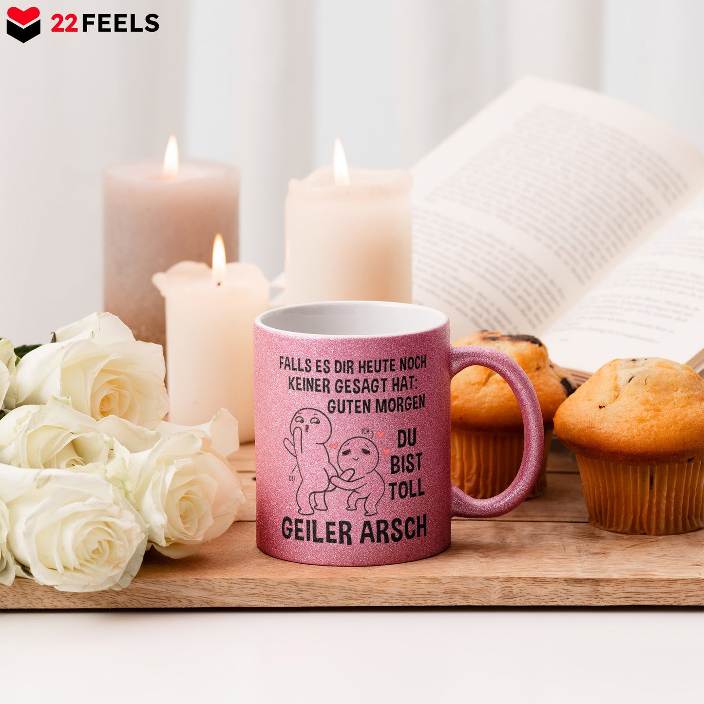 22Feels® Pärchen Geschenk zum Jahrestag, Hochzeitstag, Valentinstag etc. - Glitzertasse mit Spruch (Pink, 320ml)-Glitzertasse Pink 320ml-22Feels