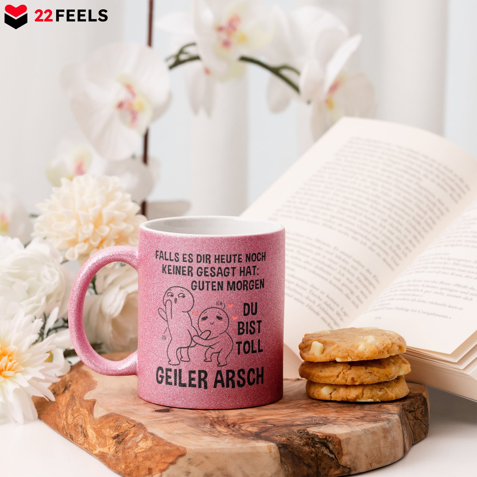 22Feels® Pärchen Geschenk zum Jahrestag, Hochzeitstag, Valentinstag etc. - Glitzertasse mit Spruch (Pink, 320ml)-Glitzertasse Pink 320ml-22Feels