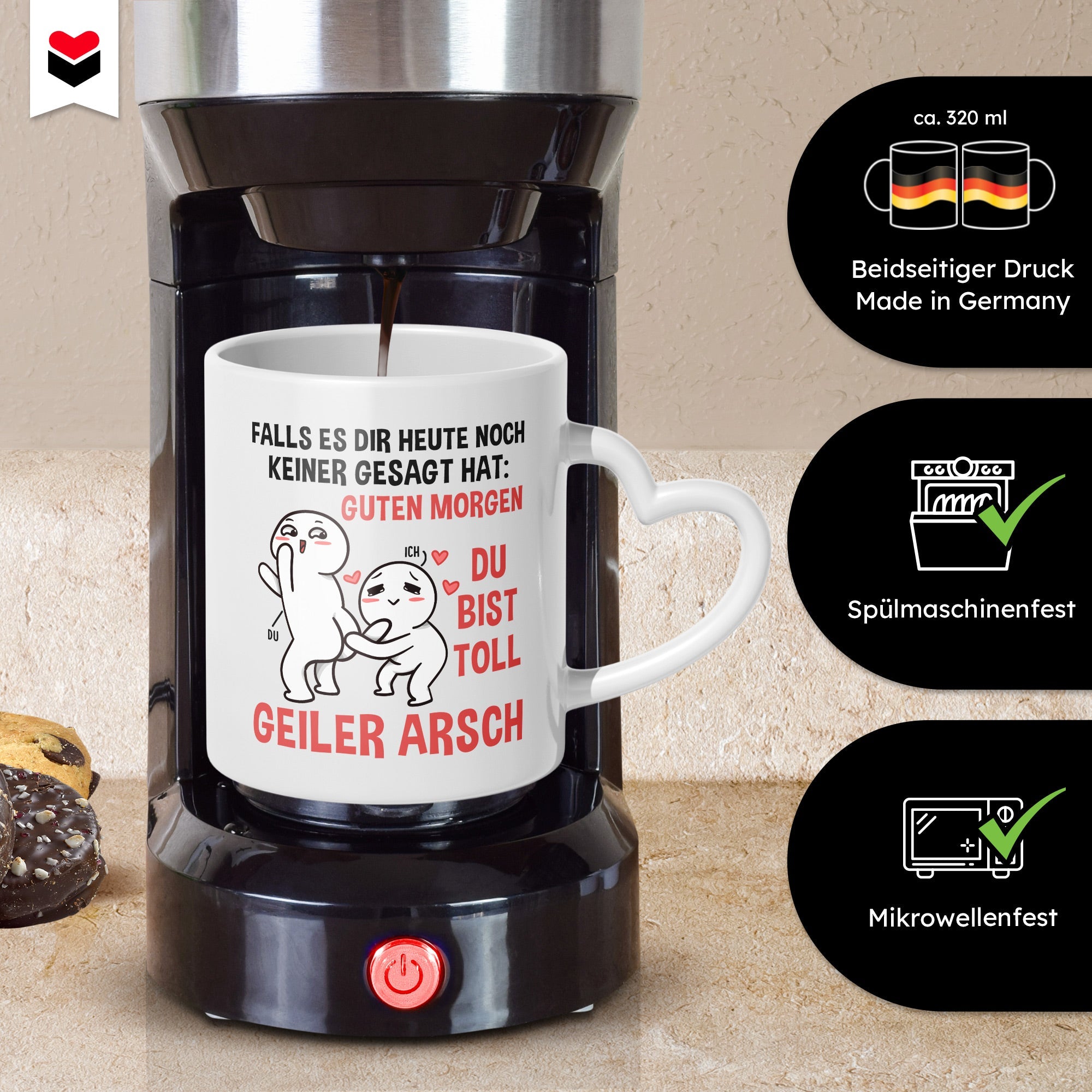 22Feels® Paar Geschenk zum Jahrestag, Hochzeitstag, Valentinstag etc. - Tasse mit Spruch: Guten Morgen (Herzhenkel, Weiss, 320ml)-Tasse Weiss Herzhenkel 320ml-22Feels