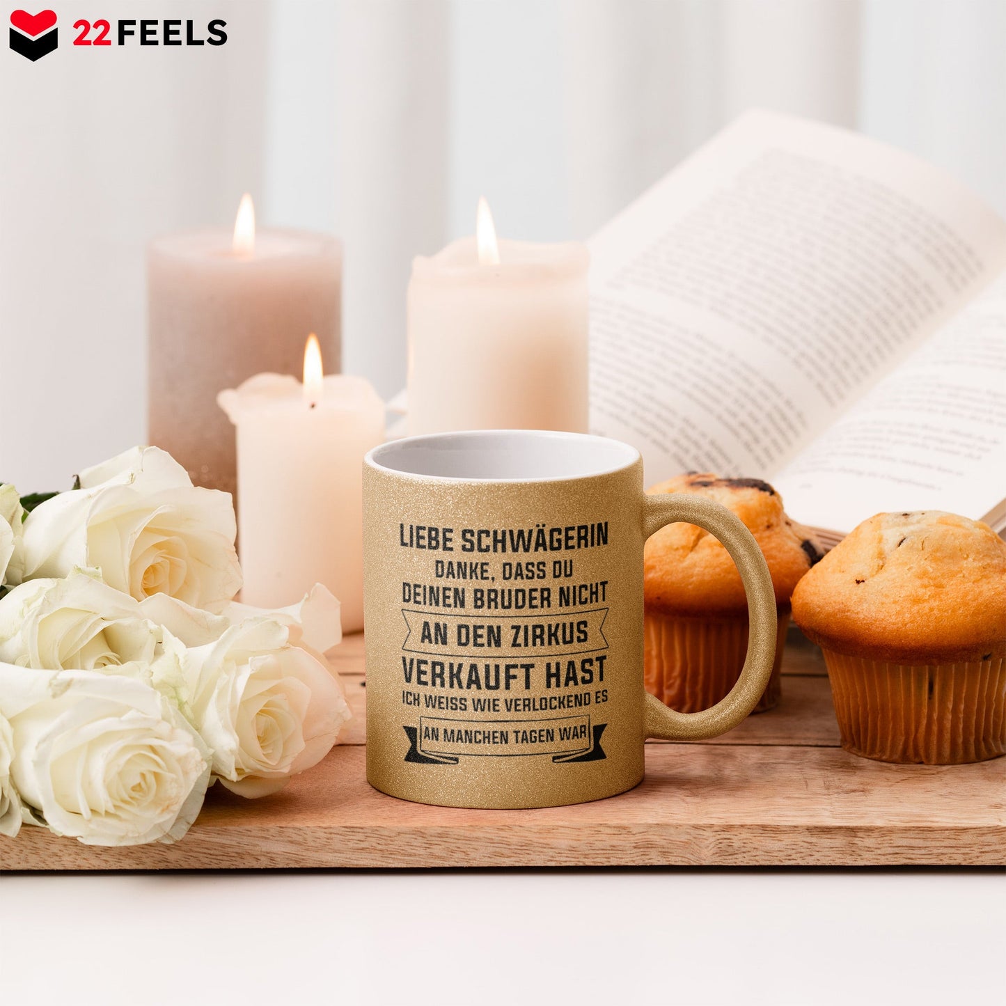 22Feels® Schwägerin Geschenk - Glitzertasse mit Spruch (Gold, 320ml)-Glitzertasse Gold 320ml-22Feels