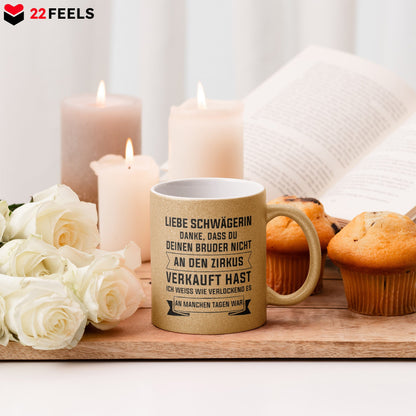 22Feels® Schwägerin Geschenk - Glitzertasse mit Spruch (Gold, 320ml)-Glitzertasse Gold 320ml-22Feels