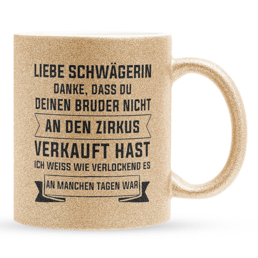 22Feels® Schwägerin Geschenk - Glitzertasse mit Spruch (Gold, 320ml)-Glitzertasse Gold 320ml-22Feels
