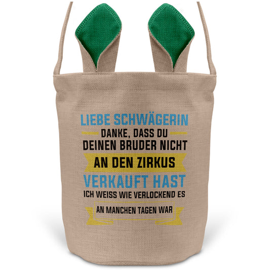 22Feels® Schwägerin Osterkorb -Dein Bruder- mit Henkel Ostergeschenk Tragetasche Ostern Deko Osternest Körbchen Hasenohren (Beige/Grün)-Ostern Tragetasche-22Feels