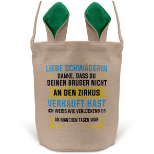 22Feels® Schwägerin Osterkorb -Dein Bruder- mit Henkel Ostergeschenk Tragetasche Ostern Deko Osternest Körbchen Hasenohren (Beige/Grün)-Ostern Tragetasche-22Feels