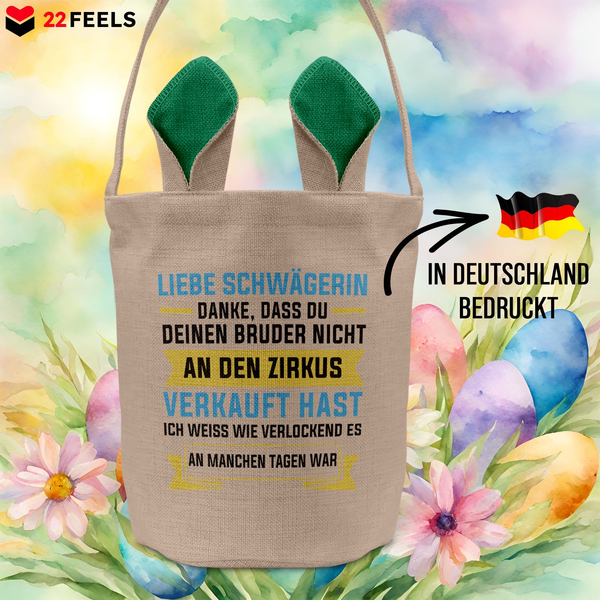 22Feels® Schwägerin Osterkorb -Dein Bruder- mit Henkel Ostergeschenk Tragetasche Ostern Deko Osternest Körbchen Hasenohren (Beige/Grün)-Ostern Tragetasche-22Feels
