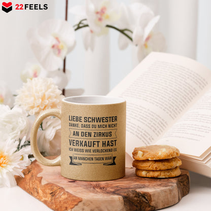 22Feels® Geschenk für Grosse Schwester - Glitzertasse mit Spruch (Gold, 320ml)-Glitzertasse Gold 320ml-22Feels