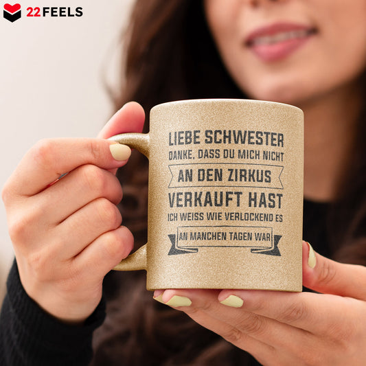 22Feels® Geschenk für Grosse Schwester - Glitzertasse mit Spruch (Gold, 320ml)-Glitzertasse Gold 320ml-22Feels