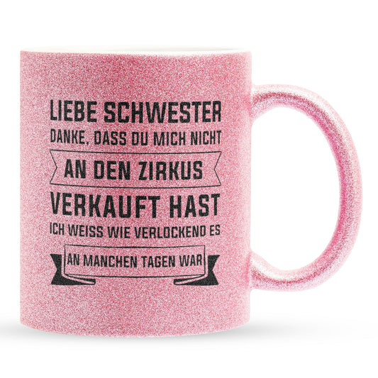 22Feels® Geschenk für Grosse Schwester - Glitzertasse mit Spruch (Pink, 320ml)-Glitzertasse Pink 320ml-22Feels
