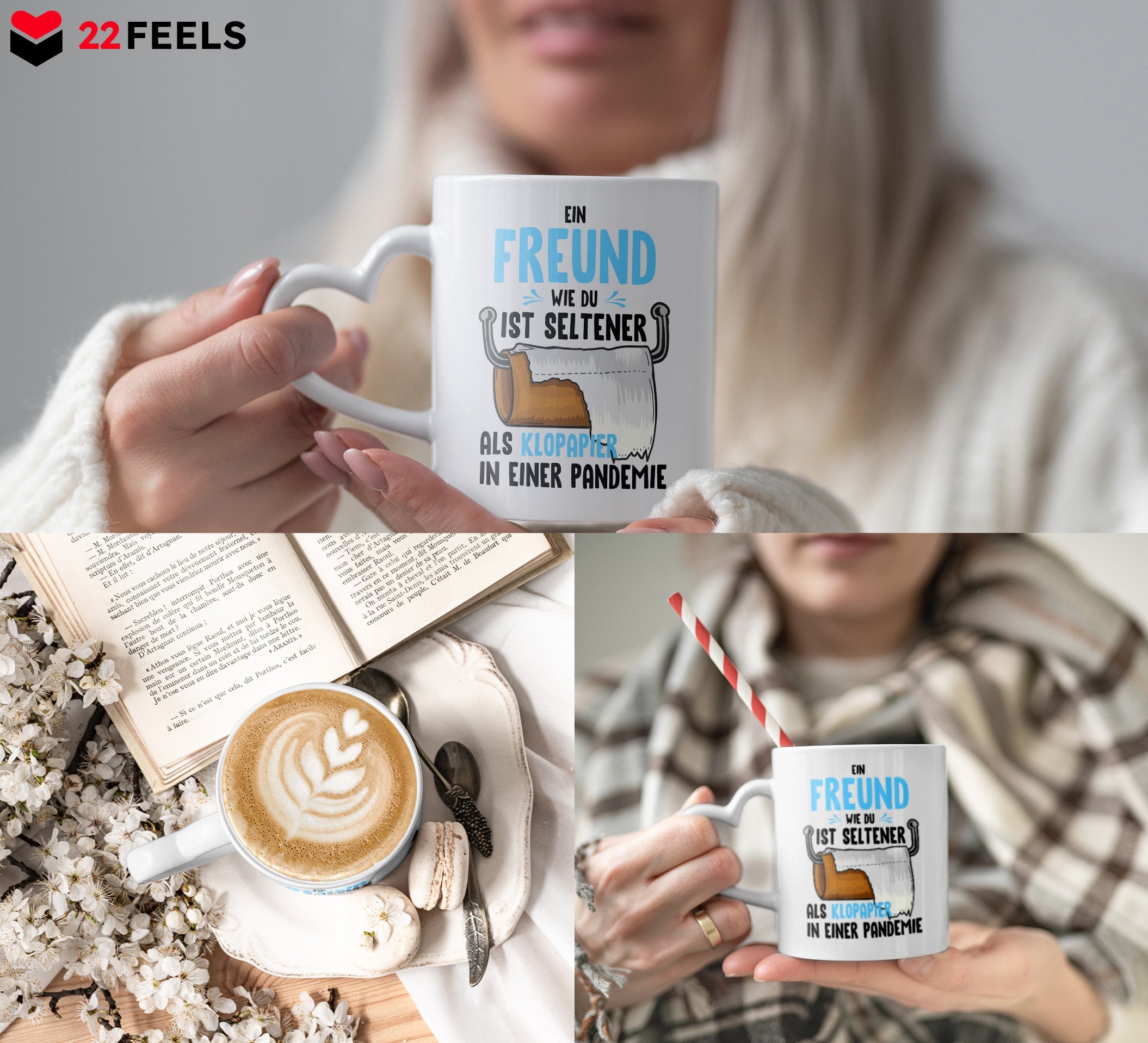 22Feels® Freund Geschenk zum Jahrestag, Valentinstag etc. - Tasse mit Spruch: Seltener als Klopapier (Herzhenkel, Weiss, 320ml)-Tasse Weiss Herzhenkel 320ml-22Feels