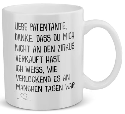 22Feels® Patentante Geschenk - Tasse mit Spruch: Zirkus (Weiss, 320ml)-Weisse Tasse 320ml-22Feels