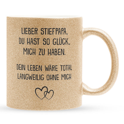 22Feels® Stiefvater Geschenk - Glitzertasse mit Spruch (Gold, 320ml)-Glitzertasse Gold 320ml-22Feels