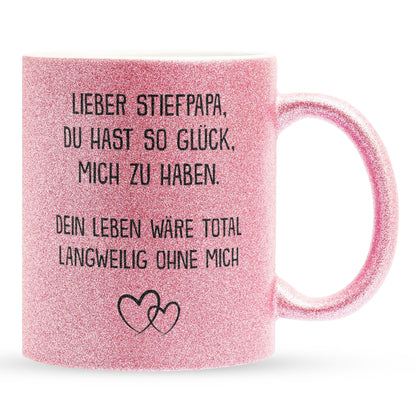 22Feels® Stiefvater Geschenk - Glitzertasse mit Spruch (Pink, 320ml)-Glitzertasse Pink 325ml-22Feels