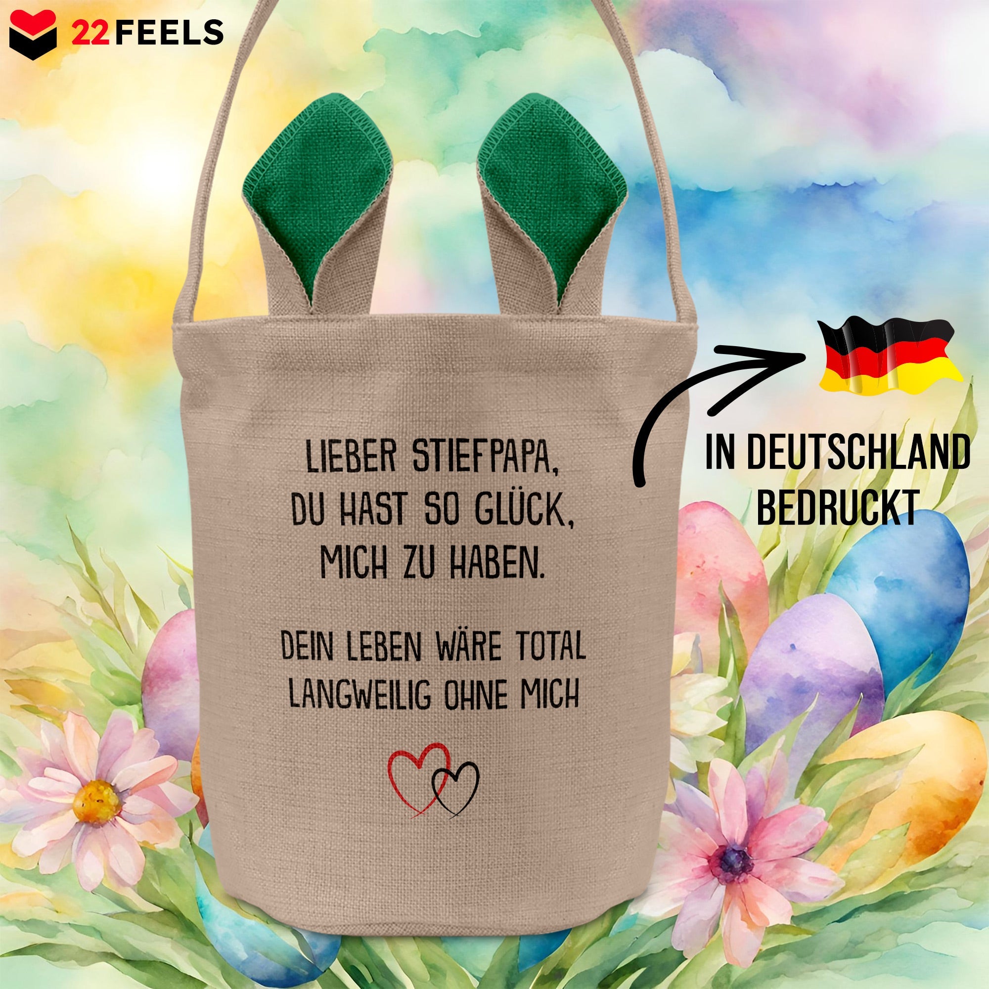 22Feels® Stiefpapa Stiefvater Osterkorb mit Henkel Ostergeschenk Tragetasche Ostern Deko Osternest Körbchen Hasenohren (Beige/Grün)-Ostern Tragetasche-22Feels