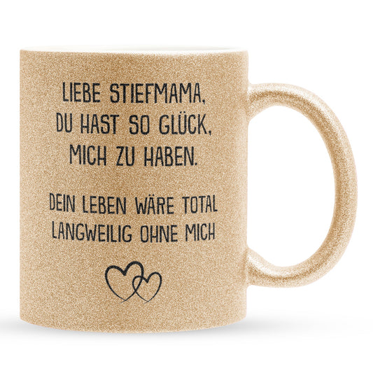 22Feels® Stiefmama Geschenk - Glitzertasse mit Spruch (Gold, 320ml)-Glitzertasse Gold 320ml-22Feels
