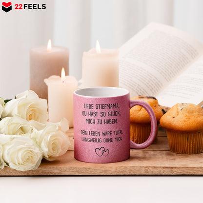 22Feels® Stiefmama Geschenk - Glitzertasse mit Spruch (Pink, 320ml)-Glitzertasse Pink 325ml-22Feels