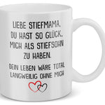 22Feels® Stiefmutter Geschenk von Stiefsohn - Tasse mit Spruch: Glück mich zu haben (Weiss, 320ml)-Weisse Tasse 320ml-22Feels