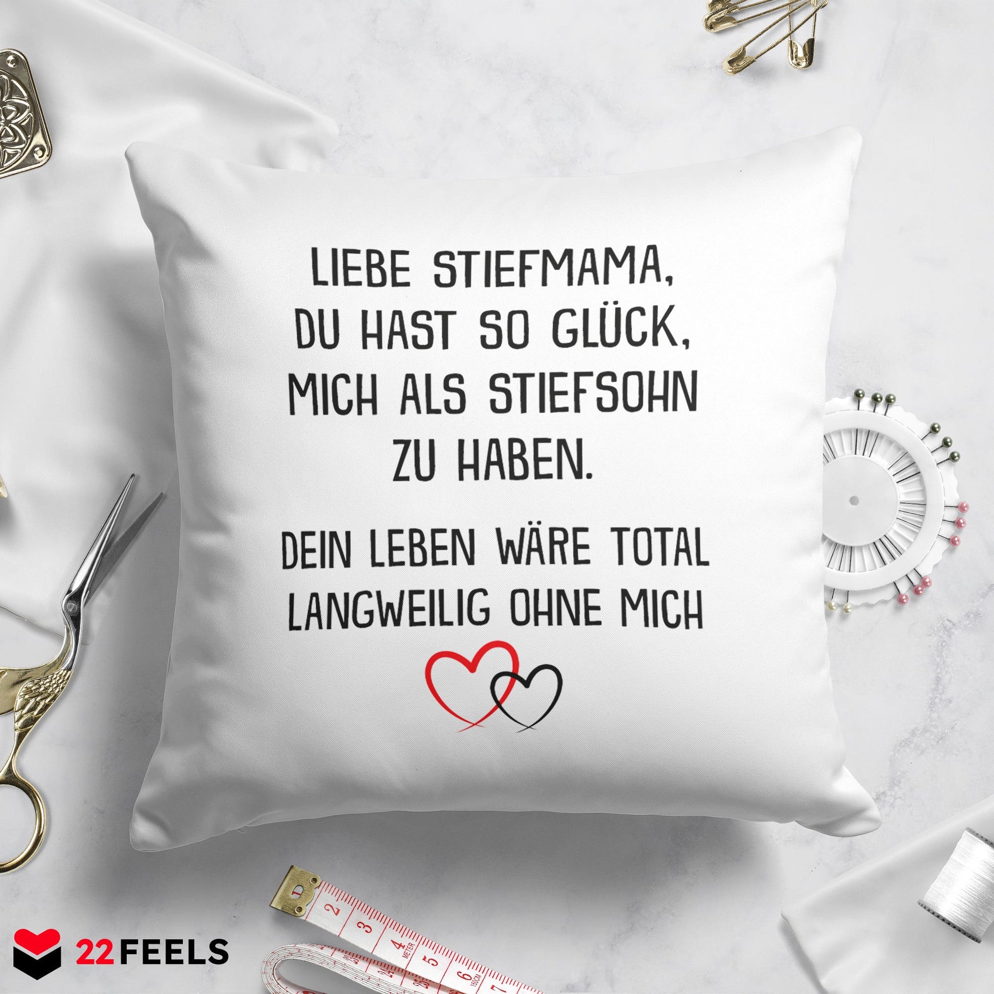 22Feels® Stiefmutter Geschenk vom Stiefsohn - Kissen mit Spruch (Weiss 40x40cm)-Kissen Weiss 40x40-22Feels