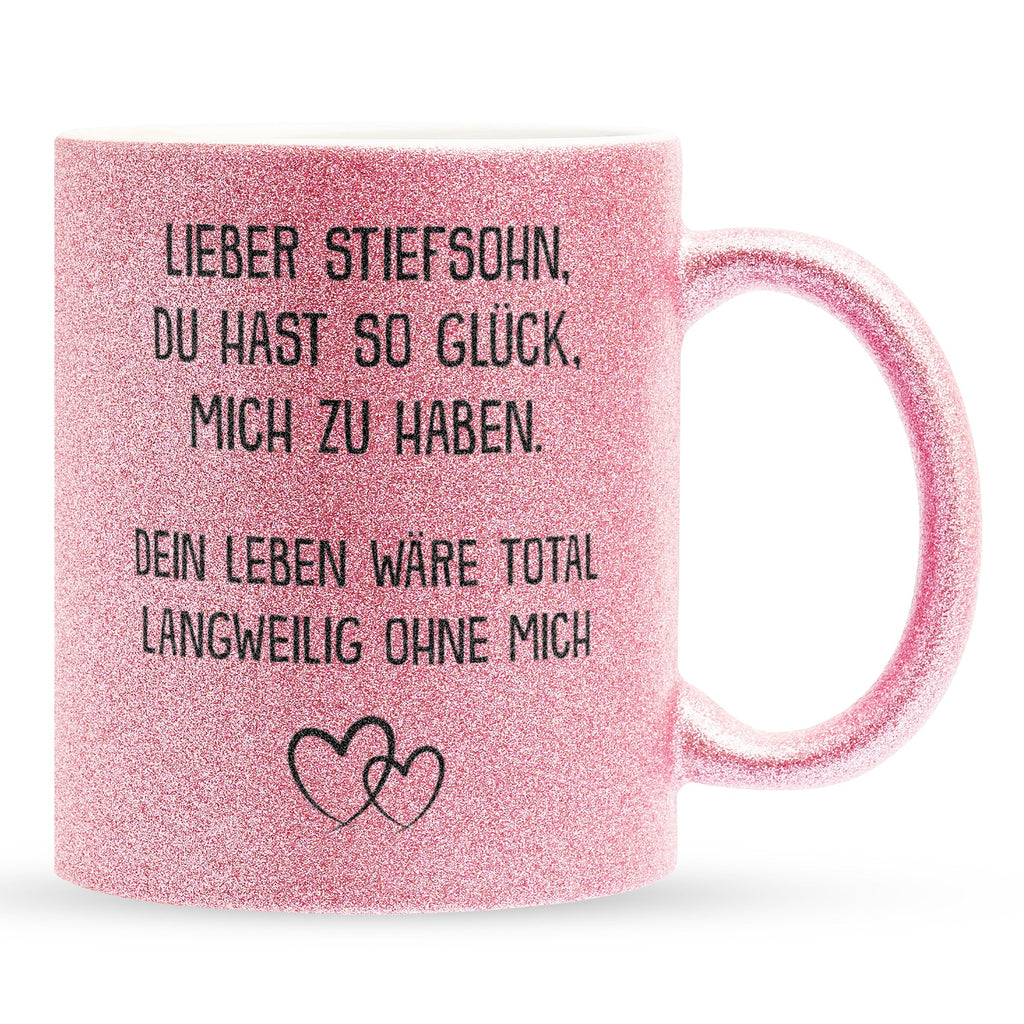 22Feels® Stiefsohn Geschenk - Glitzertasse mit Spruch (Pink, 320ml)-Glitzertasse Pink 320ml-22Feels