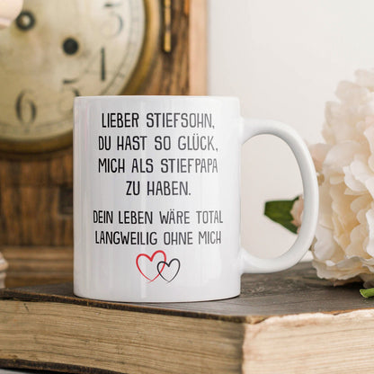 22Feels® Stiefsohn Geschenk von Stiefpapa - Tasse mit Spruch: Glück mich zu haben (Weiss, 320ml)-Weisse Tasse 320ml-22Feels