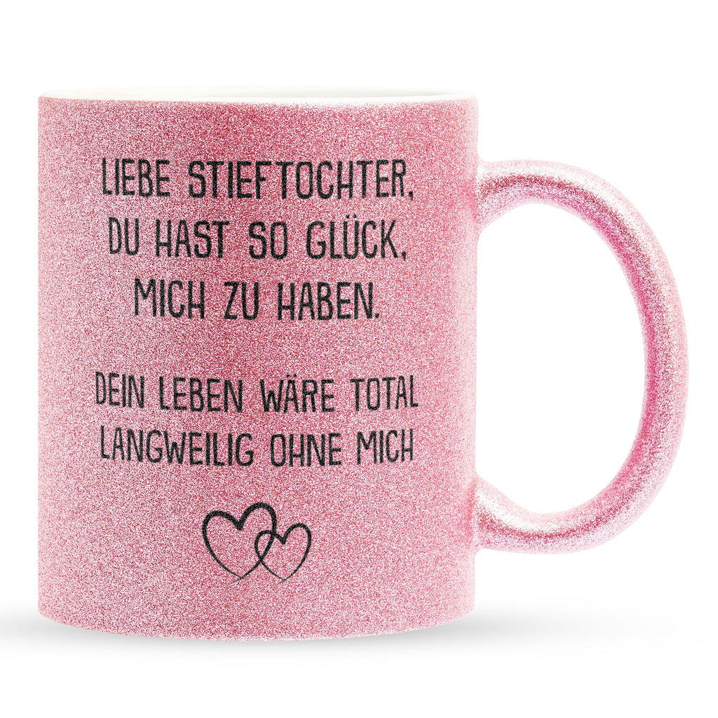 22Feels® Stieftochter Geschenk - Glitzertasse mit Spruch (Pink, 320ml)-Glitzertasse Pink 320ml-22Feels
