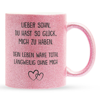 22Feels® Sohn Geschenk - Glitzertasse mit Spruch (Pink, 320ml)-Glitzertasse Pink 325ml-22Feels