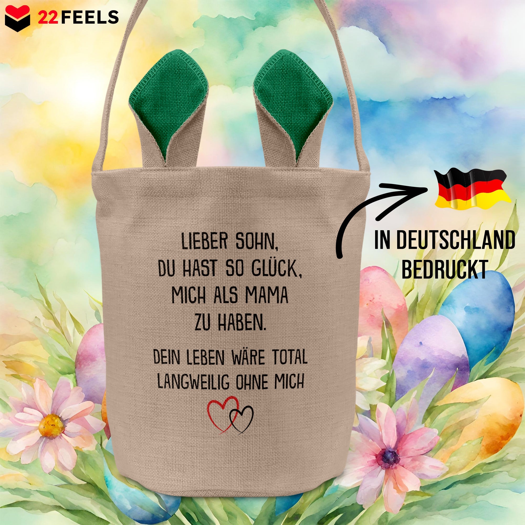 22Feels® Sohn Osterkorb von Mama Kinder mit Henkel Ostergeschenk Tragetasche Ostern Deko Osternest Körbchen Hasenohren (Beige/Grün)-Ostern Tragetasche-22Feels