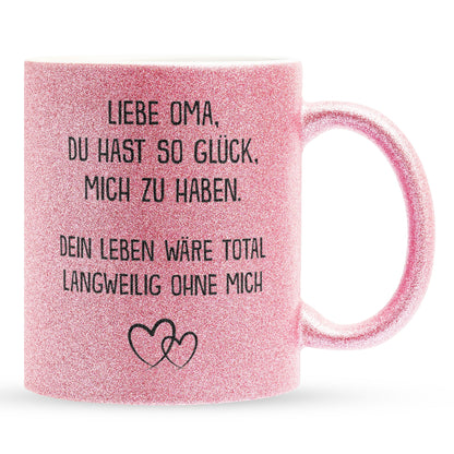22Feels® Oma Geschenk - Glitzertasse mit Spruch (Pink, 320ml)-Glitzertasse Pink 325ml-22Feels