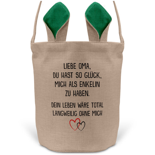 22Feels® Oma Osterkorb von Enkelin Grossmutter mit Henkel Ostergeschenk Tragetasche Ostern Deko Osternest Körbchen Hasenohren (Beige/Grün)-Ostern Tragetasche-22Feels
