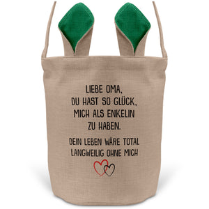 22Feels® Oma Osterkorb von Enkelin Grossmutter mit Henkel Ostergeschenk Tragetasche Ostern Deko Osternest Körbchen Hasenohren (Beige/Grün)-Ostern Tragetasche-22Feels