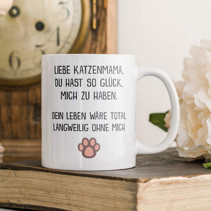 22Feels® Geschenk für Katzenmama - Tasse mit Spruch: Glück mich zu haben (Weiss, 320ml)-Weisse Tasse 320ml-22Feels