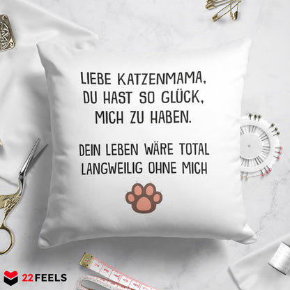 22Feels® Katzenmama Geschenk für Cat Moms und Katzen-Frauchen - Kissen mit Spruch (Weiss 40x40cm)-Kissen Weiss 40x40-22Feels