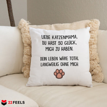 22Feels® Katzenmama Geschenk für Cat Moms und Katzen-Frauchen - Kissen mit Spruch (Weiss 40x40cm)-Kissen Weiss 40x40-22Feels