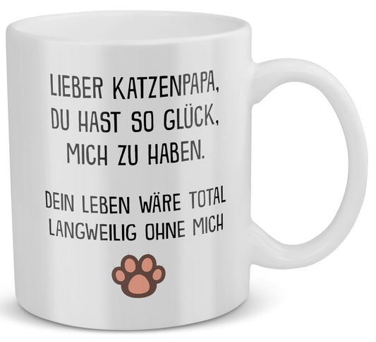 22Feels® Geschenk für Katzenpapa - Tasse mit Spruch: Glück mich zu haben (Weiss, 320ml)-Weisse Tasse 320ml-22Feels