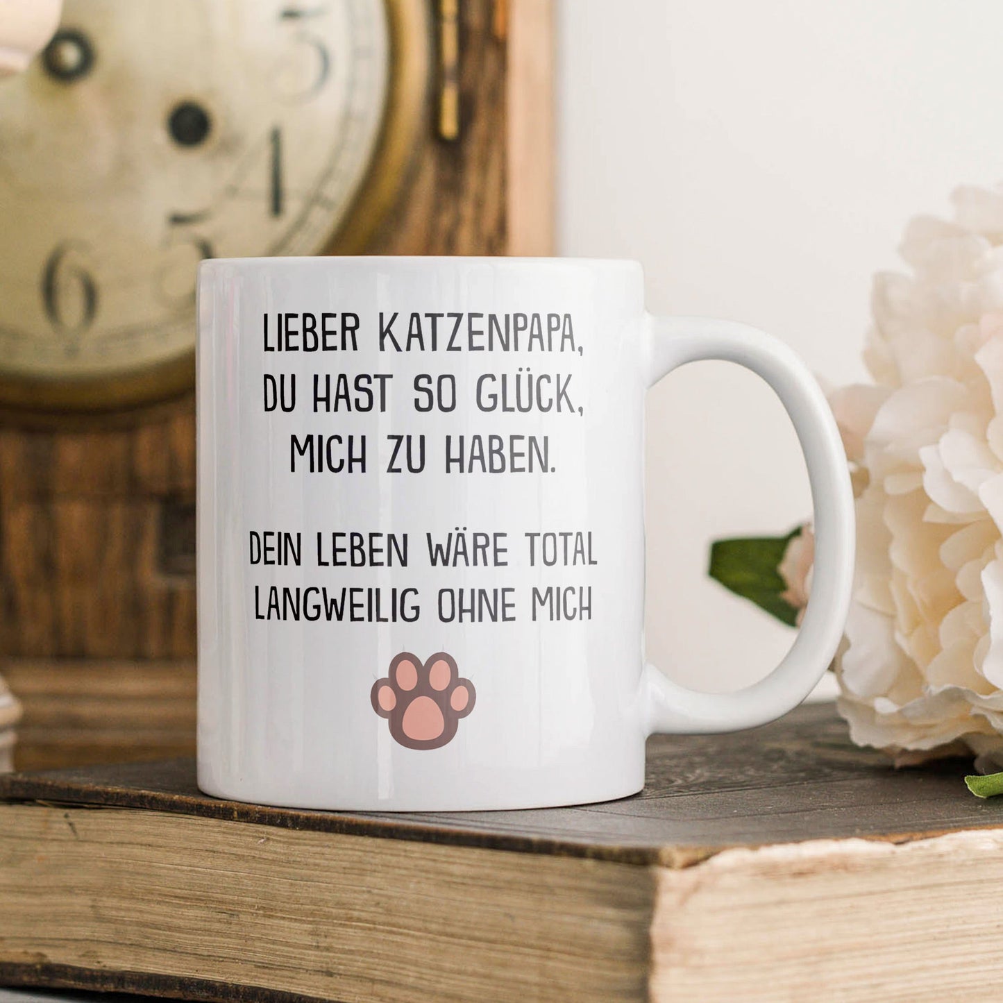 22Feels® Geschenk für Katzenpapa - Tasse mit Spruch: Glück mich zu haben (Weiss, 320ml)-Weisse Tasse 320ml-22Feels