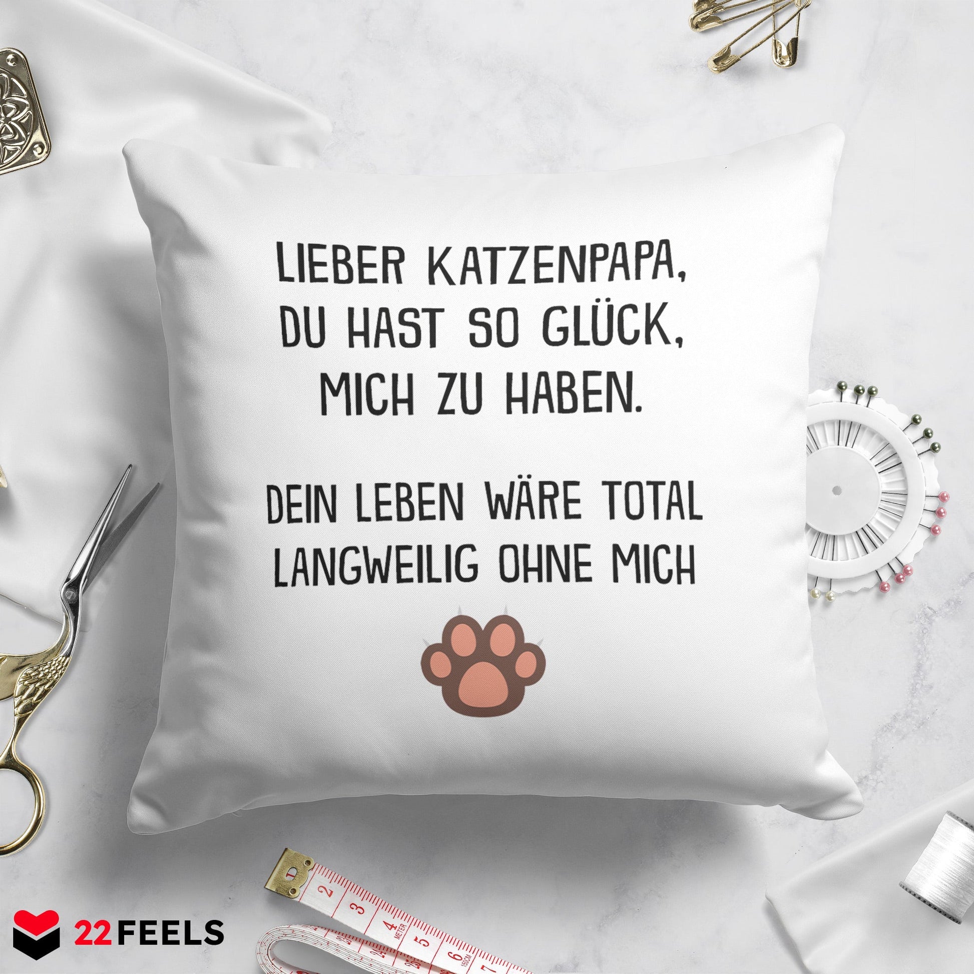 22Feels® Katzenpapa Geschenk für Cat Dads und Katzen-Herrchen - Kissen mit Spruch (Weiss 40x40cm)-Kissen Weiss 40x40-22Feels