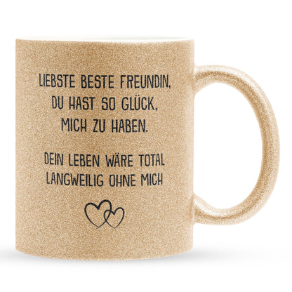 22Feels® Beste Freundin Geschenk - Glitzertasse mit Spruch: Glück mich zu haben (Gold, 320ml)-Glitzertasse Gold 320ml-22Feels