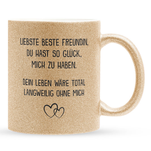 22Feels® Beste Freundin Geschenk - Glitzertasse mit Spruch: Glück mich zu haben (Gold, 320ml)-Glitzertasse Gold 320ml-22Feels