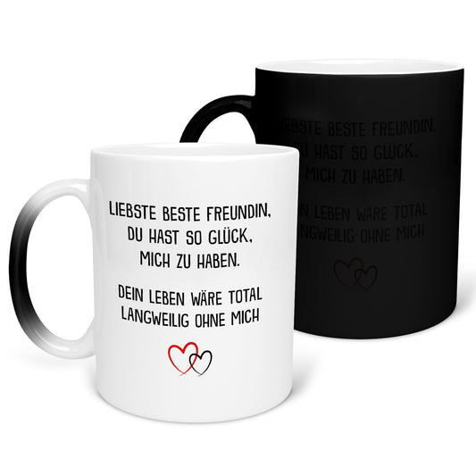22Feels® Beste Freundin Geschenk - Zaubertasse mit Spruch: Glück mich zu haben (Matt-Schwarz und Weiss, 320ml)-Farbwechsel Tasse Matt 320ml-22Feels