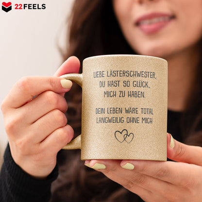 22Feels® Beste Freundin Geschenk - Glitzertasse mit Spruch: Glück mich zu haben (Gold, 320ml)-Glitzertasse Gold 320ml-22Feels