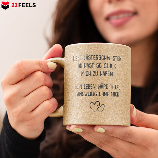 22Feels® Beste Freundin Geschenk - Glitzertasse mit Spruch: Glück mich zu haben (Gold, 320ml)-Glitzertasse Gold 320ml-22Feels