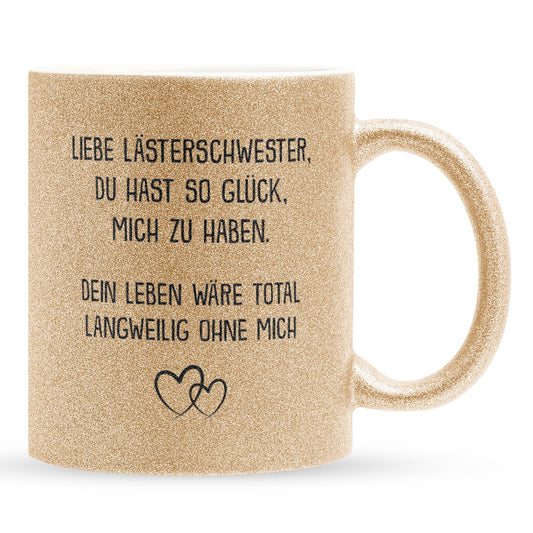 22Feels® Beste Freundin Geschenk - Glitzertasse mit Spruch: Glück mich zu haben (Gold, 320ml)-Glitzertasse Gold 320ml-22Feels