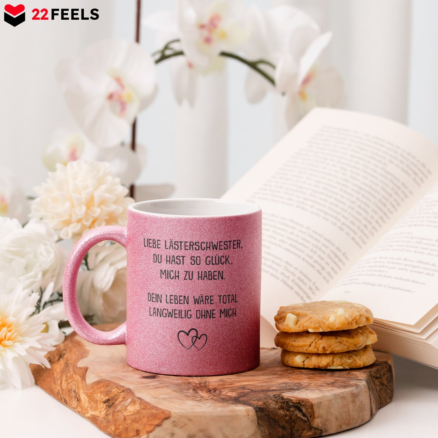 22Feels® Beste Freundin Geschenk - Glitzertasse mit Spruch: Glück mich zu haben (Pink, 320ml)-Glitzertasse Pink 320ml-22Feels