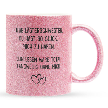 22Feels® Beste Freundin Geschenk - Glitzertasse mit Spruch: Glück mich zu haben (Pink, 320ml)-Glitzertasse Pink 320ml-22Feels